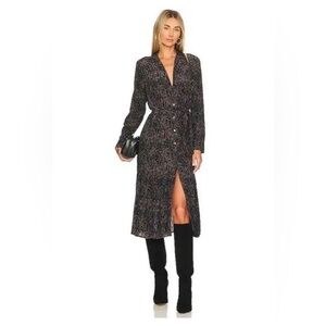 Rails Beatrice Midi Dress Charcoal Animal Print Tie Waist Long Sleeve NWOT XS